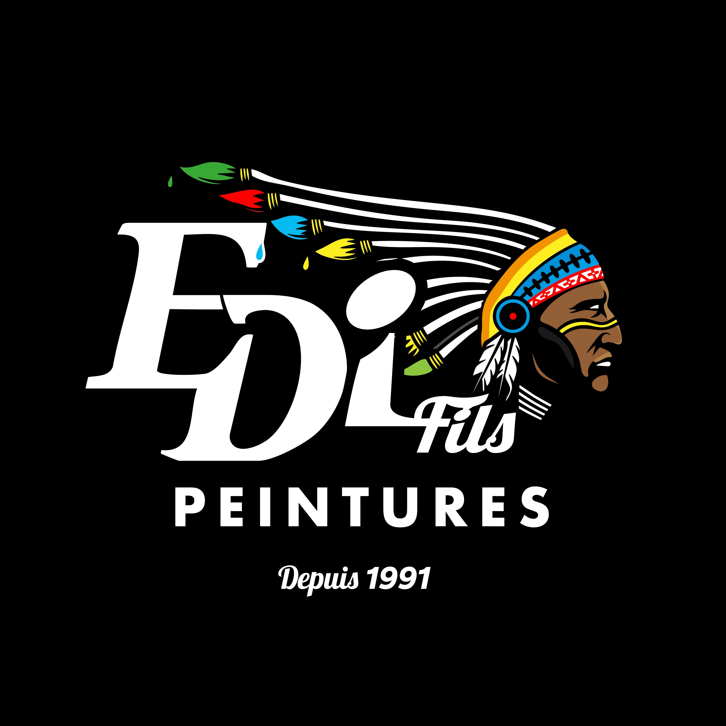 Logo comportant les mots Edi Fils Peintures Depuis 1991 avec le profil d'un chef amérindien portant une coiffe de plumes ; les plumes sont colorées comme des coups de pinceau.