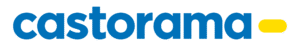 Le logo Castorama avec castorama en lettres minuscules bleues en gras, suivi d'une forme ovale horizontale jaune sur fond blanc.