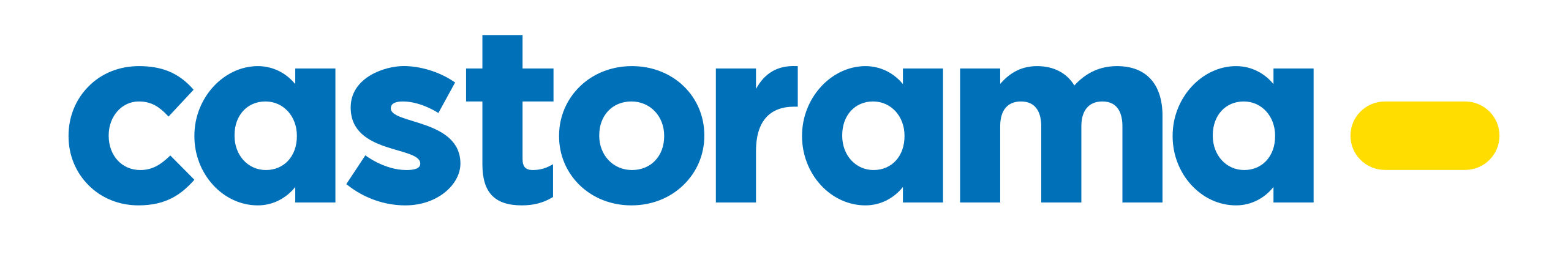 Le logo Castorama avec castorama en lettres minuscules bleues en gras, suivi d'une forme ovale horizontale jaune sur fond blanc.