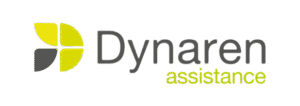 Logo pour Dynaren assistance représentant une feuille ou une fleur abstraite jaune et grise à gauche du nom de l'entreprise. Le mot Dynaren est en gris, tandis que l'assistance est en vert clair.