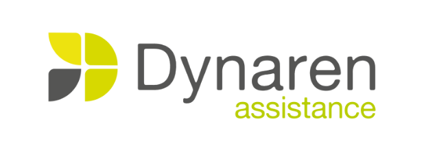 Logo pour Dynaren assistance représentant une feuille ou une fleur abstraite jaune et grise à gauche du nom de l'entreprise. Le mot Dynaren est en gris, tandis que l'assistance est en vert clair.