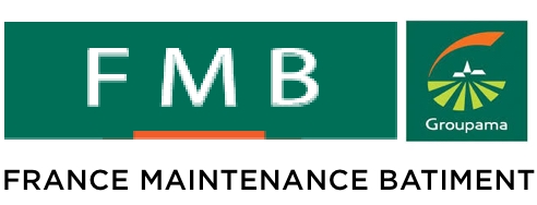 Logo avec FMB en lettres blanches sur fond vert, à côté du logo Groupama représentant un soleil stylisé et un champ. En dessous, le texte est le suivant : FRANCE MAINTENANCE BATIMENT.
