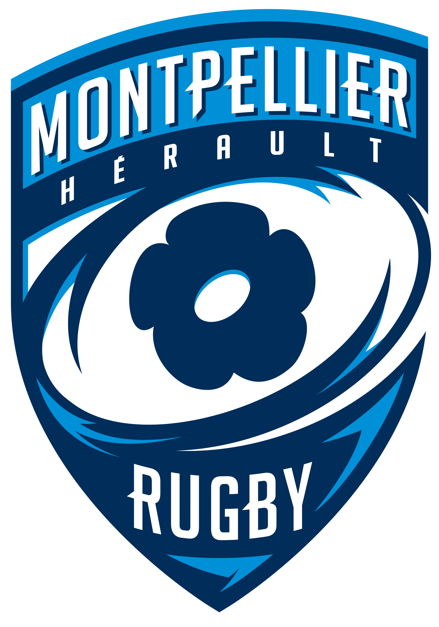 Logo en forme de bouclier du Montpellier Hérault Rugby en bleu et blanc, représentant un ballon de rugby stylisé avec une fleur au centre et le nom du club au-dessus et au-dessous du ballon.