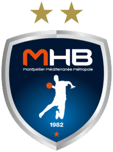 Logo du Montpellier Handball (MHB) composé d'un bouclier bleu avec la silhouette blanche d'un joueur de handball, le texte MHB et Montpellier Méditerranée Métropole, deux étoiles dorées au-dessus, et 1982 en bas.