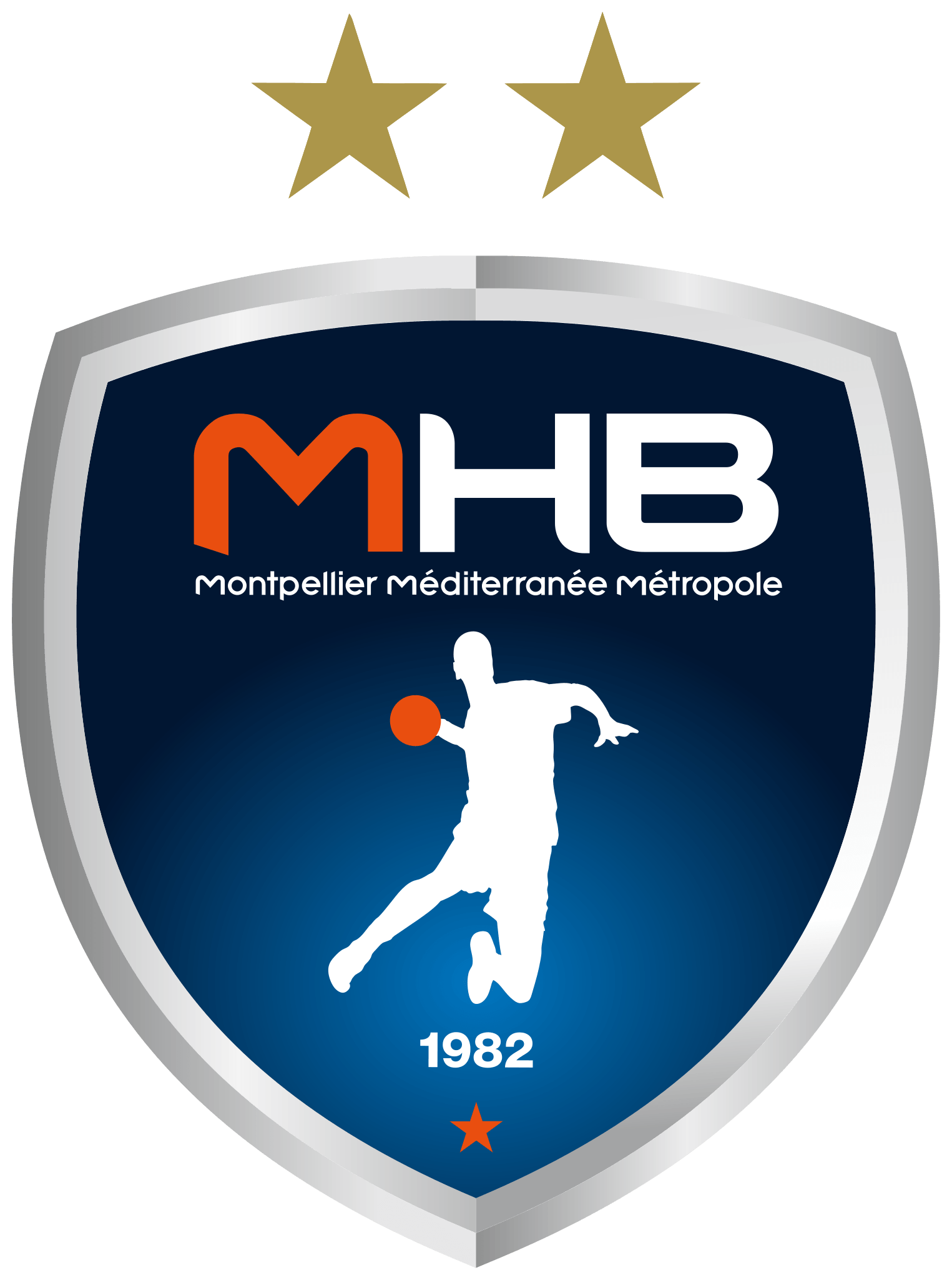 Logo du Montpellier Handball (MHB) composé d'un bouclier bleu avec la silhouette blanche d'un joueur de handball, le texte MHB et Montpellier Méditerranée Métropole, deux étoiles dorées au-dessus, et 1982 en bas.