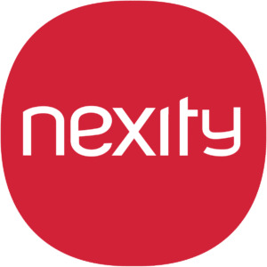 L'image représente le mot nexity en lettres minuscules blanches centrées sur un fond carré arrondi rouge.