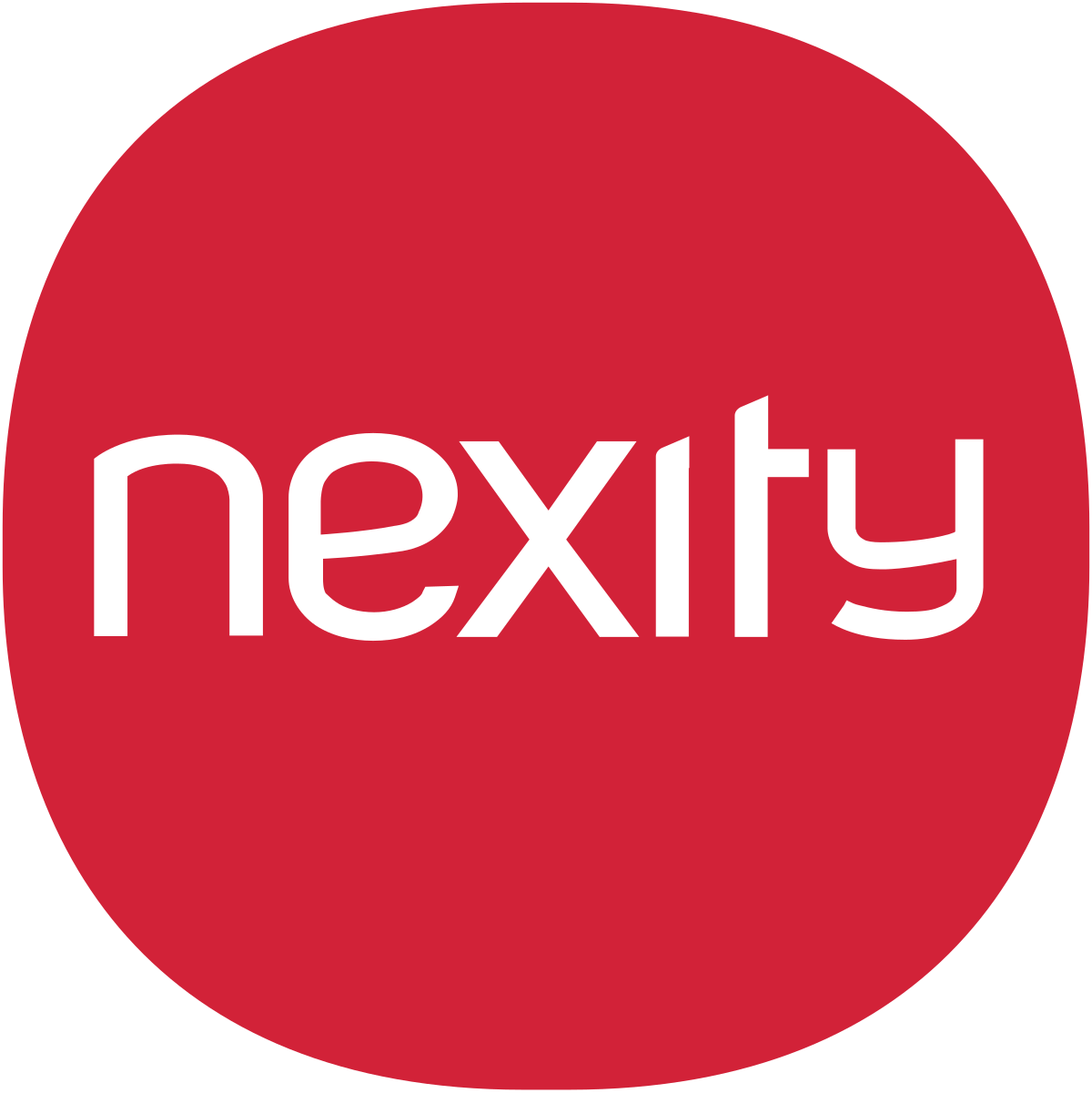 L'image représente le mot nexity en lettres minuscules blanches centrées sur un fond carré arrondi rouge.