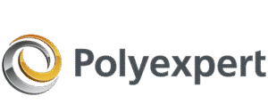 Le logo de Polyexpert présente un motif circulaire entrelacé dans les tons gris, blanc et or sur la gauche, et le mot Polyexpert en lettres grises foncées sur la droite.