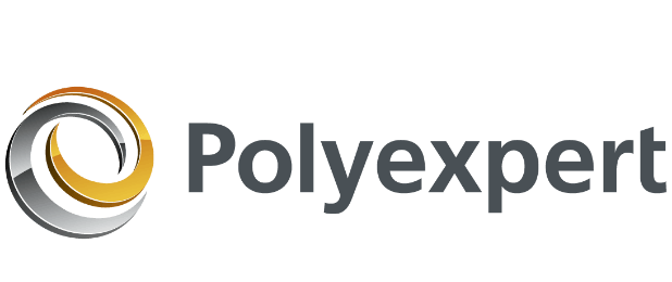 Le logo de Polyexpert présente un motif circulaire entrelacé dans les tons gris, blanc et or sur la gauche, et le mot Polyexpert en lettres grises foncées sur la droite.