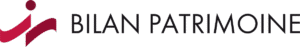 Logo avec des formes abstraites rouges à gauche et les mots BILAN PATRIMOINE en lettres noires grasses à droite, sur un fond gris clair.