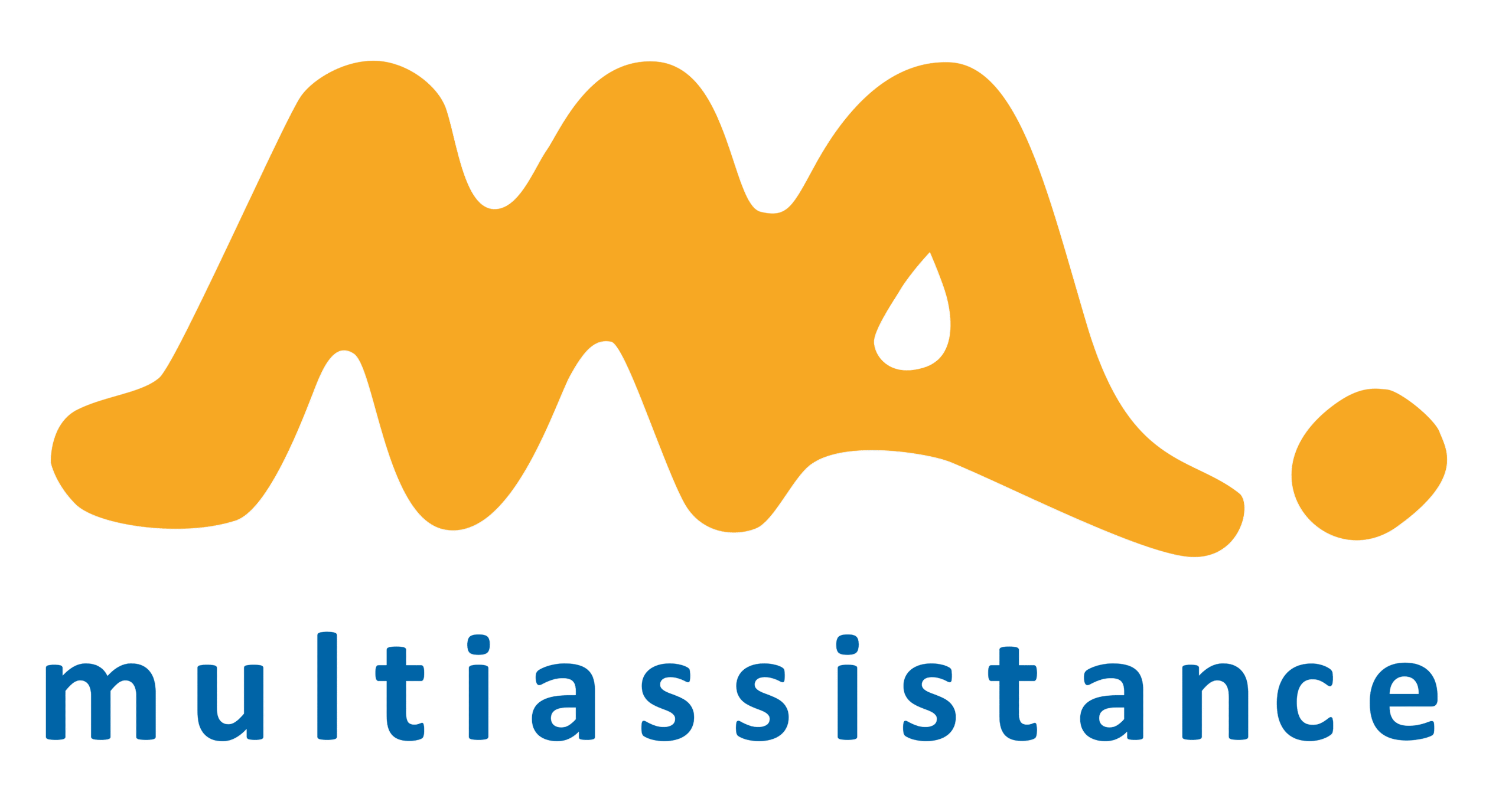 Logo avec un MA jaune et ondulé au-dessus du mot multiassistance écrit en lettres minuscules bleues sur fond blanc.