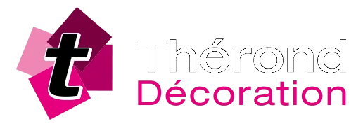 Logo de Thérond Décoration représentant un t minuscule en noir et blanc sur des carrés roses et violets superposés, avec Thérond en gris clair et Décoration en rose vif.