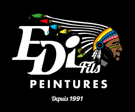 Logo avec Edi Fils Peintures Depuis 1991. Le dessin représente des pinceaux formant une coiffe amérindienne sur une illustration stylisée d'un visage de profil, sur un fond noir.