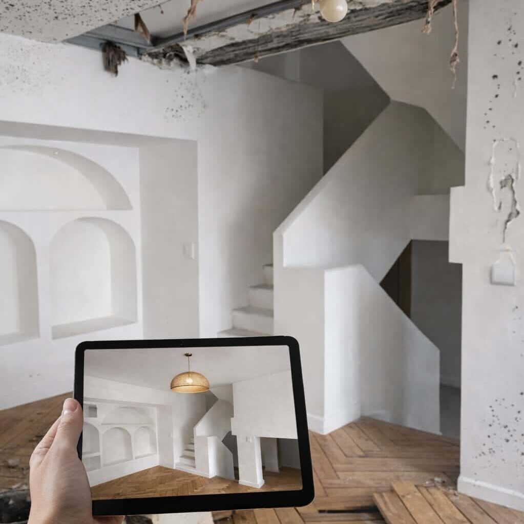 Une main tient une tablette montrant une version rénovée et propre de la pièce endommagée et inachevée à l'arrière-plan ; l'espace présente des câbles apparents, un plafond cassé, des débris sur les planchers en bois - et des murs blancs prêts à être peints - à côté des escaliers.